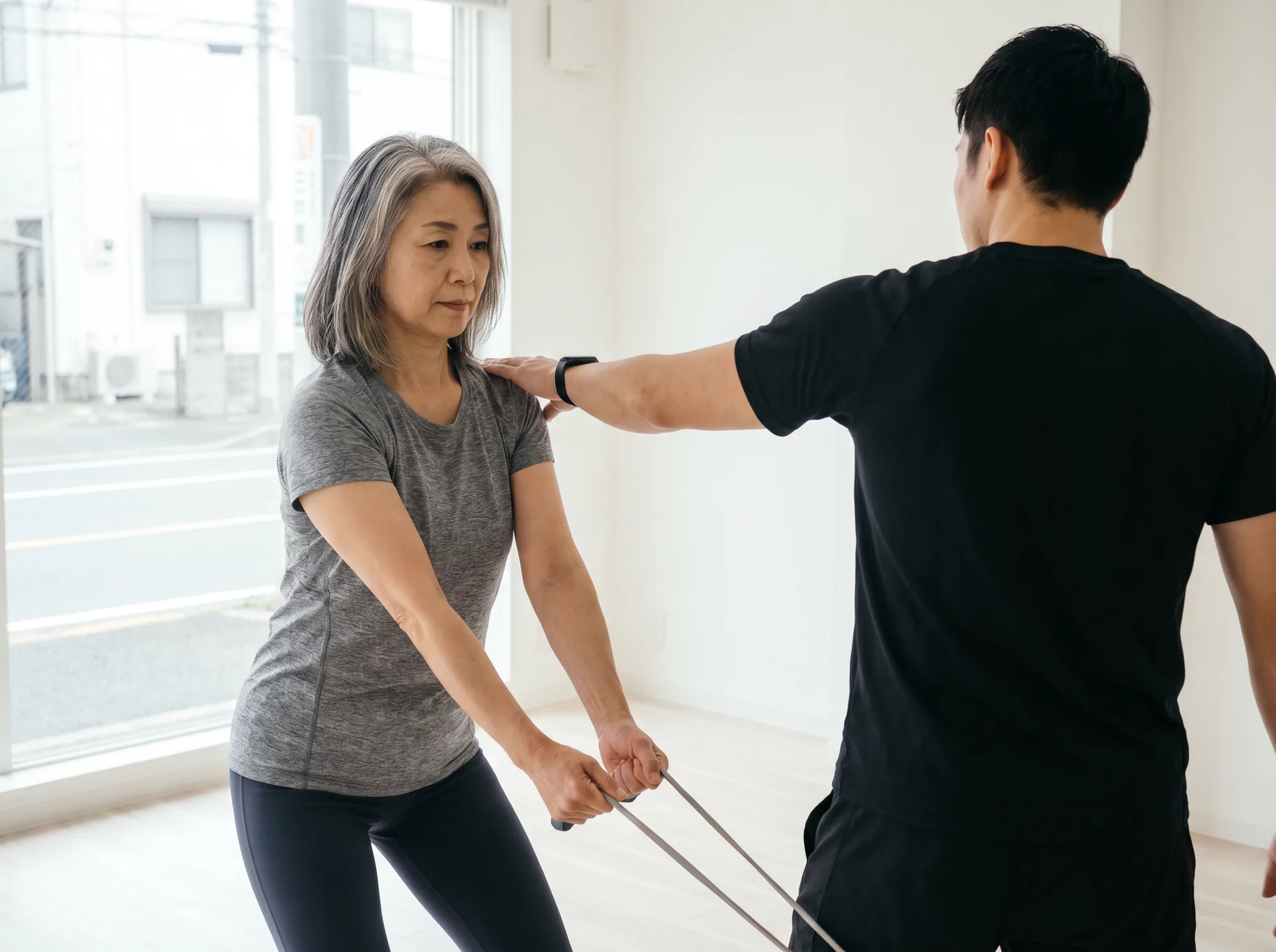 50代女性が丁寧な指導のもとでトレーニングを行う様子